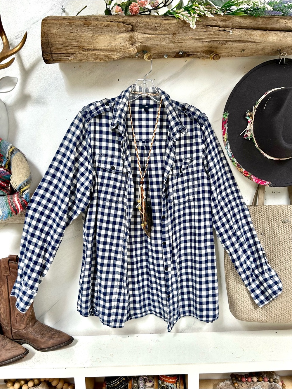 GAP flannel buffalo Navy and White Gingham Button-Down Shirt/cover up cabin vibe